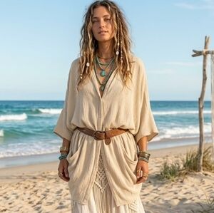 Myrah Penaloza Beige Crinkle Swim Cover Tunic O/S